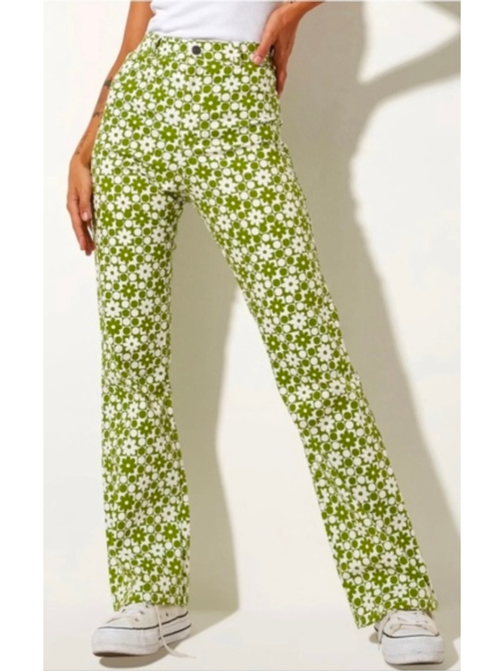 Motel Rocks Zoven Flare Trouser in Patchwork Daisy Green Size S